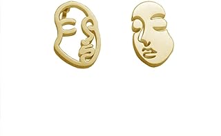 Stainless Steel Push-Back Smiley Face Stud Earrings - Abstract Face Asymmetric Design - Hypoallergenic Jewelry Gift for Women, Men and Girls - Artist-Inspired Minimalist Style