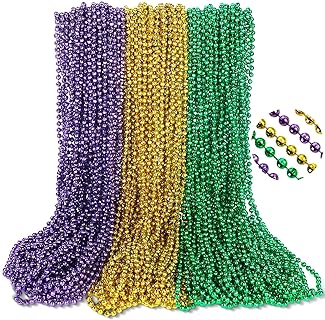 Vibrant Mixed Bead Necklace Set, 100 Pcs, Festive Mardi Gras Colors with Plastic Chain, Ideal for Costume Parties, Carnivals, & Masquerades - Classic Gold, Purple, Green Design