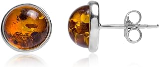 Round Amber Stud Earrings with Sterling Silver Push Back for Women, Classic Design by Ian and Valeri Co