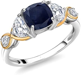 925 Silver and 10K Yellow Gold Cushion Sapphire Half Moon Moissanite and Lab Grown Diamond 3-Stone Engagement Ring For Women (1.96 Cttw, Gemstone Birthstone, Available In Size 5, 6, 7, 8, 9)