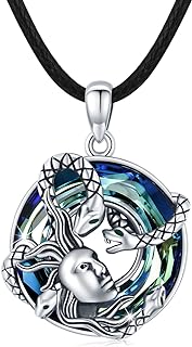 Blue Crystal Medusa Pendant Necklace in 925 Sterling Silver with Black Leather Cord, Hypoallergenic Jewelry Gift for Men & Women Christmas/Thanksgiving