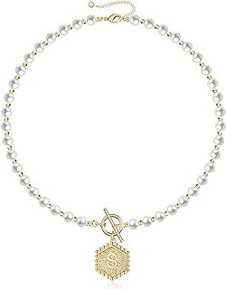 Gold Initial Pearl Necklace for Women, 14K Gold Plated Handmade 5MM Round Simulated Shell Pearl Necklace Personalized Toggle Clasp Hexagon Initial Pendant Pearl Necklace for Women Jewelry Gifts