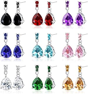 JOERICA 9 Pairs Stainless Steel CZ Dangle Earrings for Women Crystal Teardrop Earrings Set Multicolor Cubic Zirconia Birthstone Drop Earrings