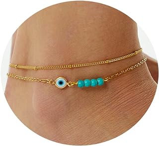 GMSOL Ankle Bracelets for Women 14K Gold Plated Layered Tiny Satellite Chain Anklet Gold Anklets for Women Foot Jewelry Gifts 2PCs