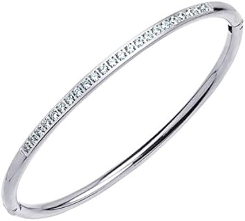 "Other-Clasp-Type" Hinged Stainless Steel & Cubic Zirconia Oval Cuff Bracelet with Box Chain for Women, 555Jewelry