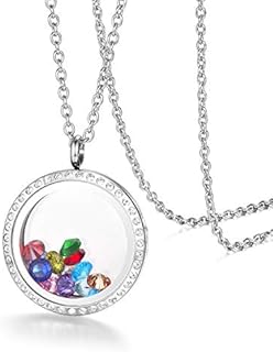 Lobster Clasp Cubic Zirconia Encrusted Stainless Steel Floating Locket Necklace with Cable Chain for Memory Keepers, Precious Moments Design