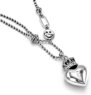 925 Sterling Silver Heart Crown Pendant Necklace with Smiley Face Beaded Chain - Hollow Love Themed Necklace for Elegant & Personalized Style