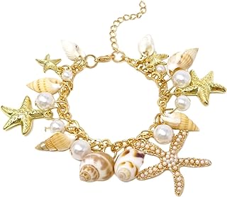 Honbay 1PCS Faux Pearl Sea Shell Starfish Bracelet Fashion Anklet Bracelet Charm Adjustable Mermaid Costume Jewelry in A Box for Women