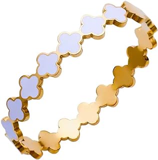 amber's jewelry Four Leaf Clover Row Bangle Bracelet, Stainless Steel, 18K Gold Plated, Elegance in Every Wear, Waterproof & Non-Tarnishing, Symbol of Luck