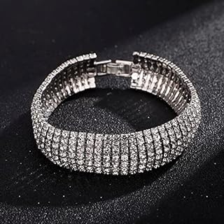 Lobster Claw Clasp Rhinestone Bangle Bracelet, Silver and Gold Alloy with Crystal Clusters, for Women and Girls, Multi-layered Tennis Chain Design