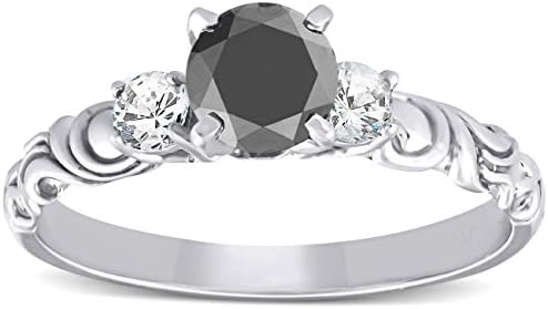 14k White Gold Vintage Engagement Ring with 1 1/14ct Three-Stone Black and White Diamond, Elegant Design, Size 4