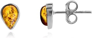Ian & Valeri Co. Sterling Silver and Genuine Amber Tiny Stud Earrings with Push Back, Polish-Origin Drop Design