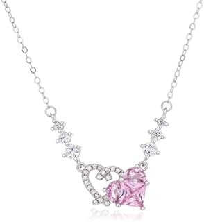 Double Heart Design Pink CZ Crystal Necklace with Cable Chain for Women and Girls