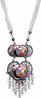 Designer Oxidised Silver Pearl Multi-Layer Handpainted Ethnic Necklace with Lobster Clasp, Cable Chain - Indian Wedding Jewelry for Women and Girls