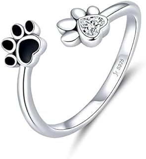 Cute Puppy Dog Cat Pet Paw Print Ring Sterling Silver 925 for Women Girls Adjustable Fake CZ Diamond Animal Footprint Finger Wrap Band Promise Engagement Rings Fashion Jewelry Gifts