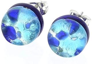 Crystal-Embellished Murano Glass Stud Earrings with Silver Leaf Inclusion for Women, Push Back Clasp, Handmade in Italy