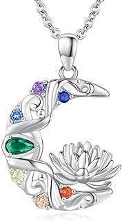 925 Sterling Silver Rolo Chain Chakra Pendant Necklace with Cubic Zirconia for Women and Girls; Moon Lotus Design