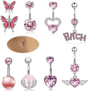 Delightful Dinosaur-Designed Stainless Steel Belly Button Rings for Women by PINKPIN - Set of Eight Dangling Piercing Jewelry with Wing, Butterfly, and Heart Shapes