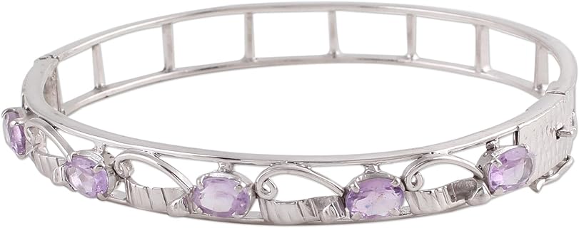 NOVICA Handmade Amethyst Bangle Bracelet Silver with Faceted Rose Quartz Sterling Rhodium Plated Purple India Birthstone [7 in Inner Circ. x 0.3 in W] 'Whisper'