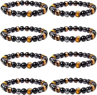 8 Pieces Triple Protection Bracelet Tiger Eye Beads Bracelet Hematite Black Obsidian Bracelets Healing Yoga Luck Bracelet for Men Women