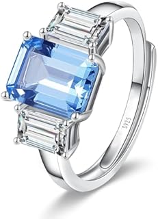 Light Blue Cubic Zirconia Clasp Engagement Ring in 925 Sterling Silver for Women, Adjustable Emerald Cut Aquamarine Design, Sizes 5-9