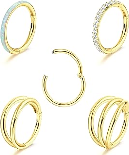 Surgical Steel CZ Septum Nose Rings for Men and Women by THUNARAZ, Versatile Helix, Cartilage, Rook Earring Collection, 5 Hypoallergenic Pieces, 18G 8mm and 16G 10mm Sizes