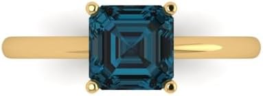 1.5 ct Asscher Cut Natural London Blue Topaz 14k Yellow Gold Solitaire Wedding Engagement Bridal Promise Ring