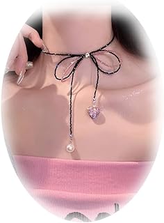 Pink Heart Necklace For Women Adjustable Pear Heart Necklace Sparkle Black Beaded Bow Choker Necklace Rhinestone Heart Necklace Jewelry Gifts for Her