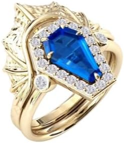 Art Deco 4.0 CT Blue Sapphire Halo 14K Engagement Ring Set Vintage Coffin Shaped Sapphire Wedding Ring Set Antique Bridal Promise Ring Set