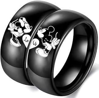 Stainless Steel Mickey Mouse Engagement Ring No Gemstone, Love Heart Design Rings for Him and Her, Couples Black Wedding Bands Size 6