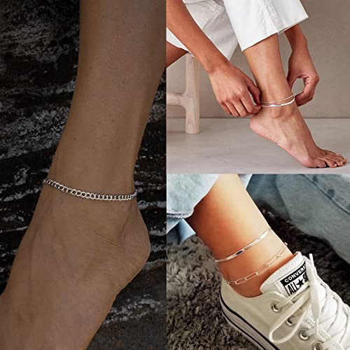 Ankle Bracelet for Women 14K Real Gold Plated/Sterling Silver Plated Anklet Bracelets for Women Waterproof Cuban Link Chain Anklets Set for Women Summer Jewelry for Women 9"+2"