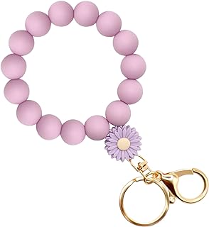 Silicone-Beaded Keychain Bracelet with Flower Charm for Women and Girls - Utilitarian Style and Design - Made in USA/Imported