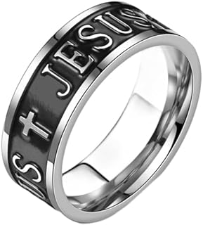 Jude Jewelers Stainless Steel Christian Wedding Rings with Cubic Zirconia in a Vintage Cross and Jesus Word Design, Size 7
