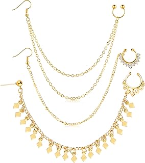 Hicarer 3 Pieces Nose Hoop Chain Rings Double-layer Septum Non Piercing Nose Hoop Ring Dangle Chain Earrings