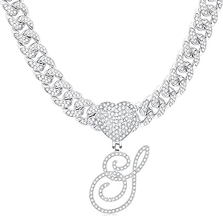 RLMOON Cursive Initial Cuban Necklace for Women Silver Miami Iced Out Cuban Chain Choker Necklace Diamond Initial Heart Pendant Letter Necklace Alphabet A-Z Hip Hop Jewelry