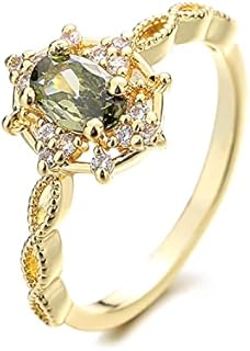 Gold Plated 925 Sterling Silver Vintage Ring with Green Peridot CZ Gemstone for Women, Classy Court Style Promise Ring for Her - Size 6