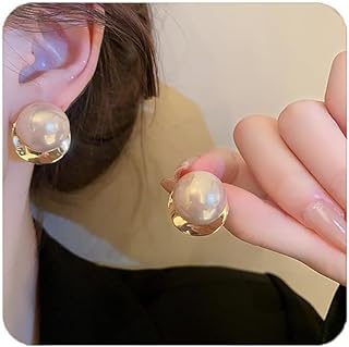 WASAIE Pearl Stud Earrings for Women,Formal Gold Plated Brass Statement Simulated Large Big Round Pearl Earrings For Gift Party Prom Wedding