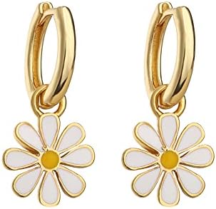 Small Hoop With Daisy Flower Charm Earrings for Women Teen Girls Cartilage Hypoallergenic Nickel Free Dainty Cute 14K Gold Plated Lucky Flowers Short Dangle Drop Piercing Hinged Huggie Hoops Fashion Jewelry