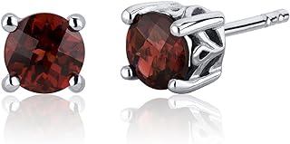 Peora Garnet Stud Earrings 925 Sterling Silver, Solitaire Scroll Gallery, 2 Carats Total, Round Shape 6mm, Friction Backs
