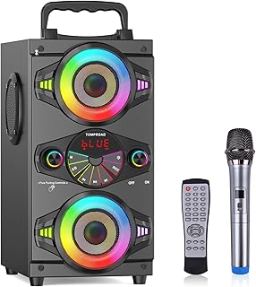 Altavoz Bluetooth TOMPROAD portátil multicolor de 60W con subwoofer, luces LED y radio FM, ideal para fiestas en casa, exteriores, karaoke, camping y eventos. Con micrófono y control remoto
