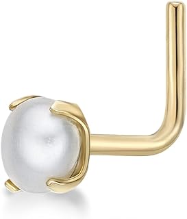 Lavari Jewelers Unisex Fresh Water Pearl 14K Yellow Gold L-Shape Stud Nose Ring - Elegant 20 Gauge 3mm Pearl Nose Jewelry