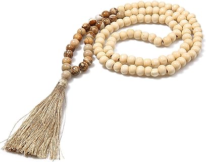 COLORFUL BLING Handmade 8MM Semi-precious Stone Beaded Natural Wood Mala Beads Long Tassel Fringe Pendant Necklace for Women Men Prayer Tibetan Jewelry