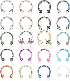 Sanfenly 20Pcs 16G Surgical Steel Horseshoe Nose Septum Rings Piercing Jewelry Cartilage Helix Tragus Daith Earring Hoop Lip Horseshoe Piercing for Women Men 8mm 10mm