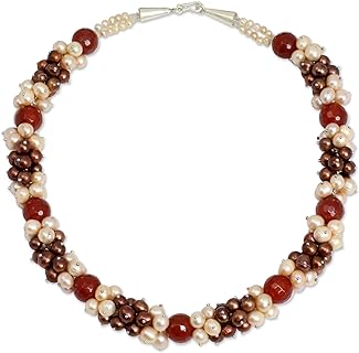 NOVICA Handmade Cultured Freshwater Pearl Chalcedony Beaded Necklace Brown Peach cultured Freshwater Pearls with Orange .925 Sterling Silver Glass Beige Burgundy White Thailand Marsala Birthstone