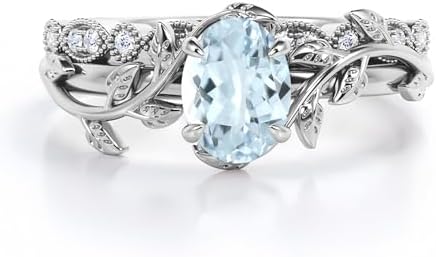 Oval Shaped 8x6 MM Gemstone Vine Ring Set Sterling Silver, Natural Aquamarine Wedding Ring Set Engagement/Anniversary Jewelry for Women