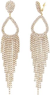 Gold Dangle Clip-On Earrings with Glass Gems for Women, Non-Pierced Teardrop Fringe Design