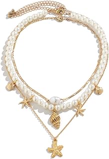 Bohemian Beach Imitation Pearl Collar Necklaces for Women Summer Beach Layered Sequins Starfish Shell Beaded Choker Necklace for Girls Holiday Jewelry