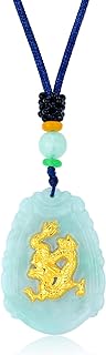 Natural Jade Dragon Necklace Pendant Inlaid with 22K Gold Good Luck Charm Jade Jewelry(Dragon)