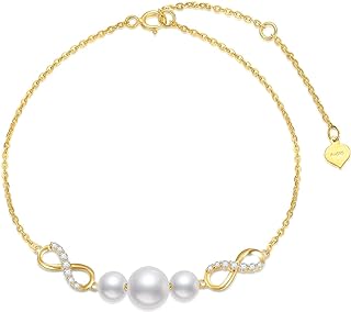 SISGEM 10k Gold Freshwater Cultured Pearl Infinity Anklet for Women, Real 10kt Gold Love Ankle Bracelet Jewelry Gifts for Her, 9.4-11 Inches
