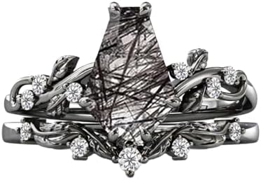 Exquisite 10K, 14K, 18K Gold Engagement Ring Set with Natural Black Rutilated Quartz for Women - Vintage-Inspired, Coffin-Shaped Center Stone Design